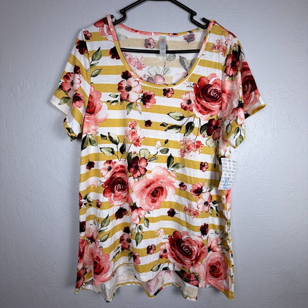 LuLaRoe Women’s XL Classic T NWT Mustard Yellow Stripe Floral Rose Short Sleeve
